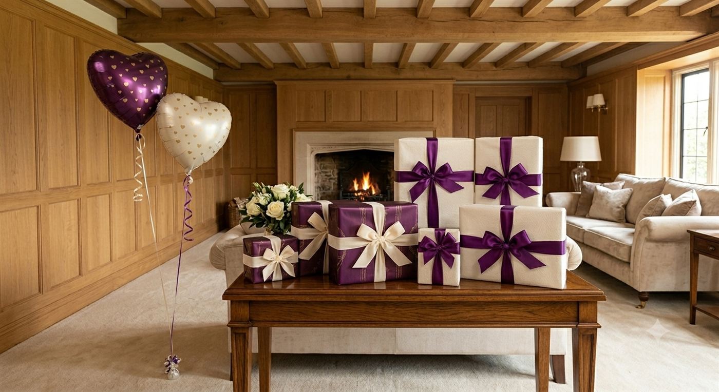 Gifts wrapped in cream paper and plum ribbon on a table, with heart balloons