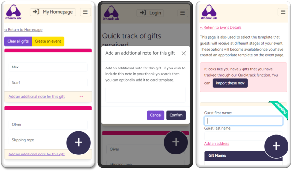 Screenshot of tracking gifts in iThank.UK