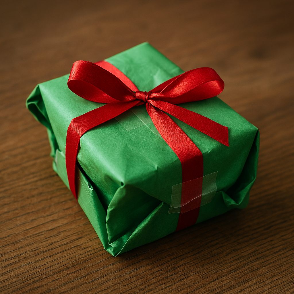 A lovingly but untidily wrapped present tied with red ribbon