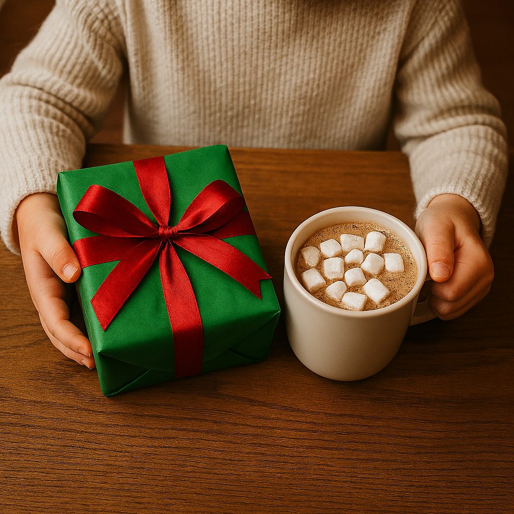 A child holding a wrapped gift beside a mug of hot chocolate with marshmallows