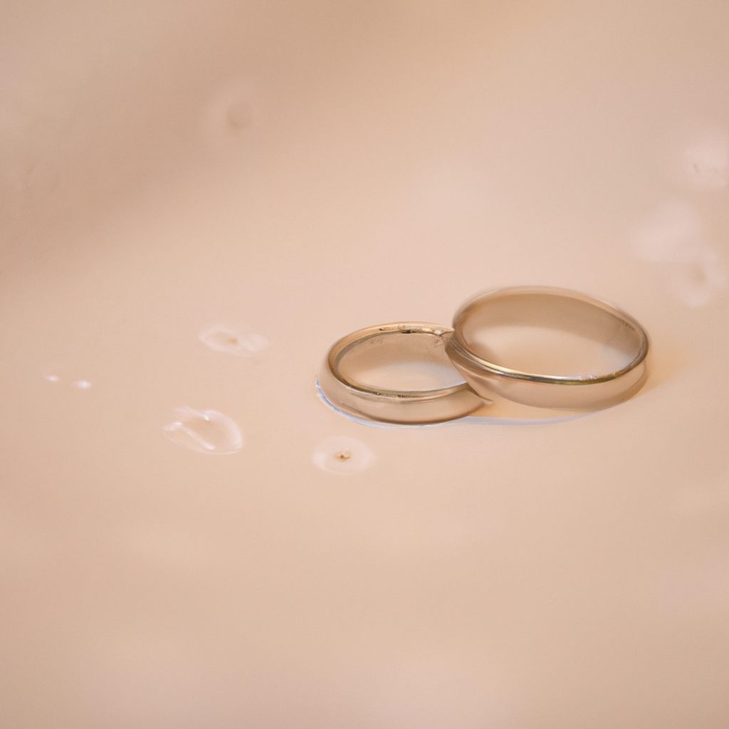 Two gold wedding rings resting on soft cream fabric